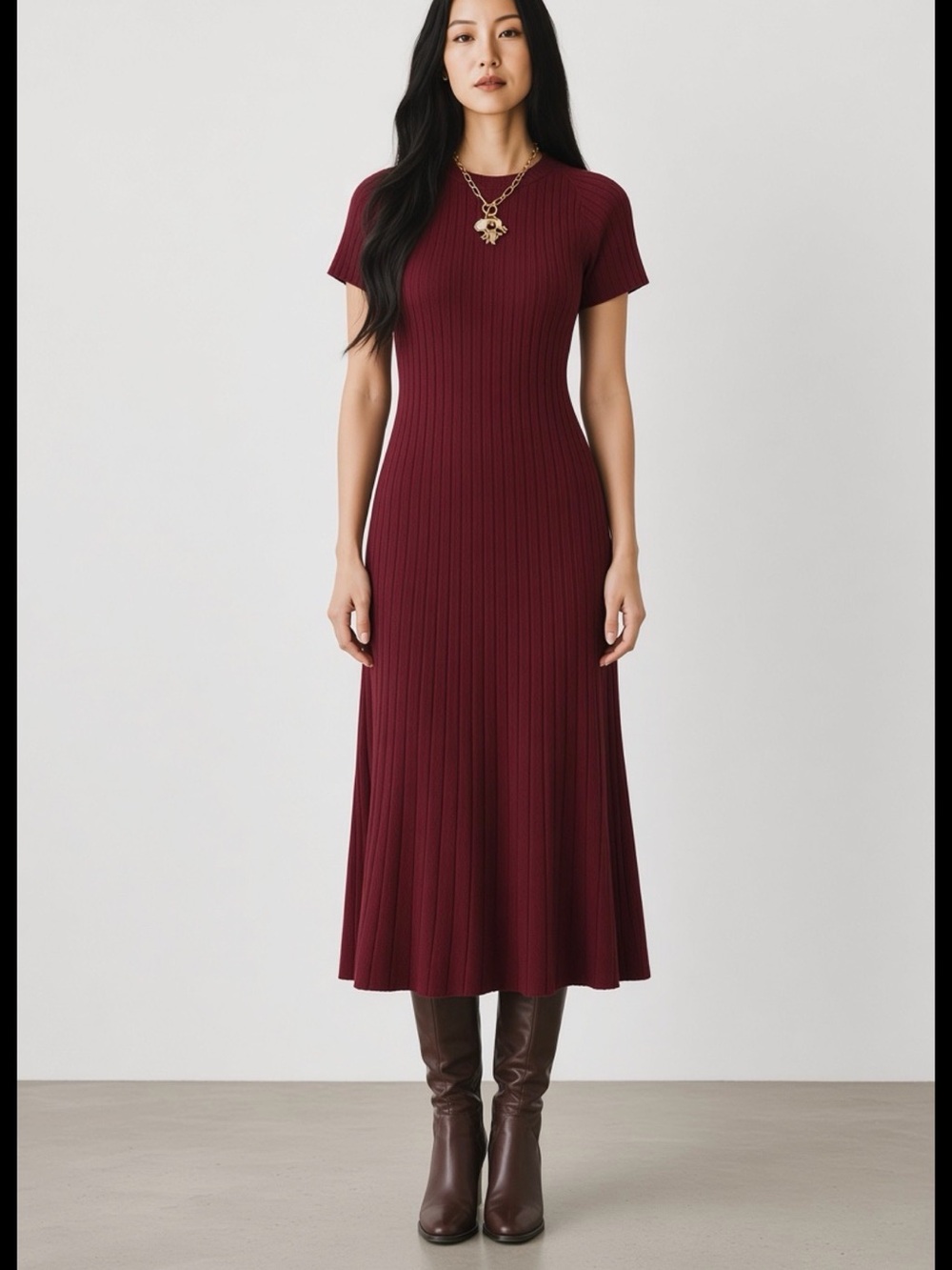 Hyacinth House pleated midi Oxblood Knit Murphy Swing Dress